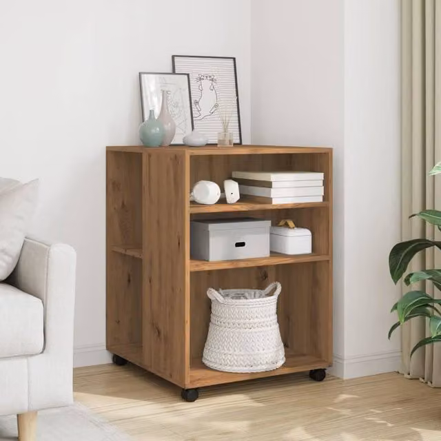 Berkfield Home Artisan Oak Side Table with Wheels in Brown, W/D/H: 55 x 60 x 78 cm