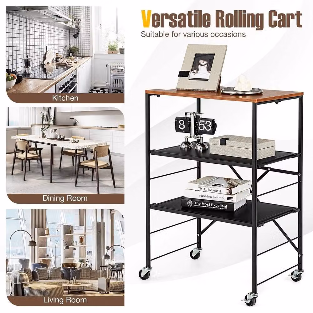 VOGREX 3-Tier Foldable Rolling Storage Trolley in Black with Adjustable Shelves – 6