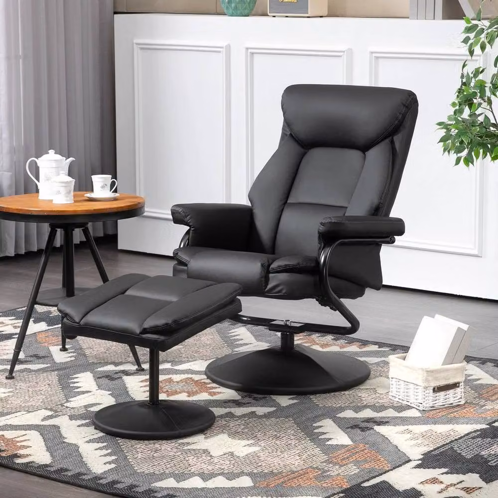 FORGEVIO Black PU Leather Swivel Recliner Armchair with Ottoman – 3