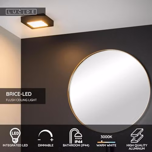 Lucide Brice Dimmable Square LED Flush Ceiling Light for Bathrooms, Black – 2