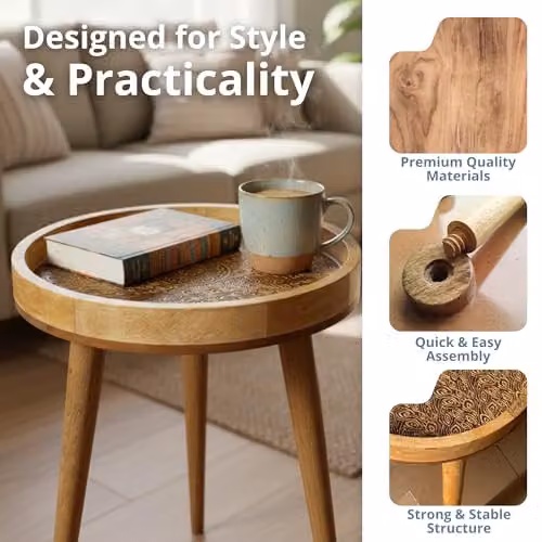 Hartsmede Handcrafted Mango Wood Side Table with Detachable Legs, Round Gold and Brown Design, H 61 cm x W 37 cm x D 37 cm – 6