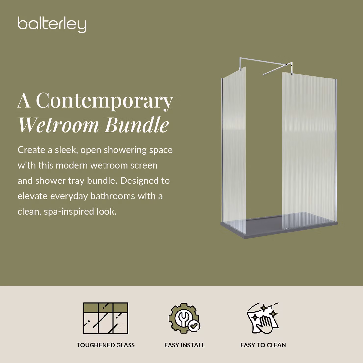 Balterley Fluted 8mm Glass Walk In Wetroom Screen and Shower Tray, Silver/Grey, W: 1400 mm, D: 900 mm – 2
