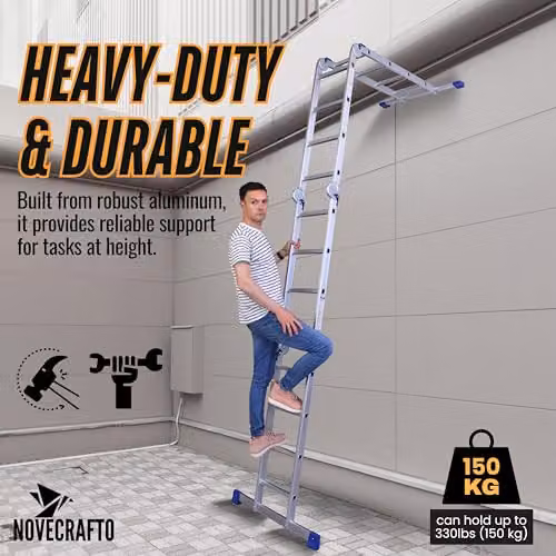 NOVECRAFTO 6 in 1 Multi-Purpose Aluminium Combination Ladder, Silver and White, Max Load 150 kg, 4.7 m Height – 3