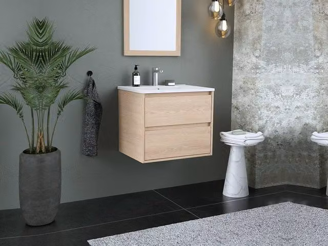 Vente-unique Suspended Bathroom Furniture Set with Built-In Sink and Mirror in Light Oak Veneer, W/D/H: 60 x 45 x 50 cm