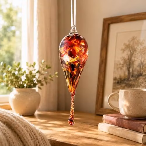 Sienna Glass Friendship Droplet Phoenix Handcrafted Mouth-Blown Glass Hanging Ornament, Red, 16 cm – 2