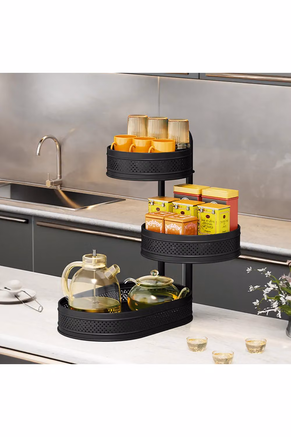 Livingandhome 3-tier Rotating Metal Spice Rack Desktop Storage Shelf in Black – 2