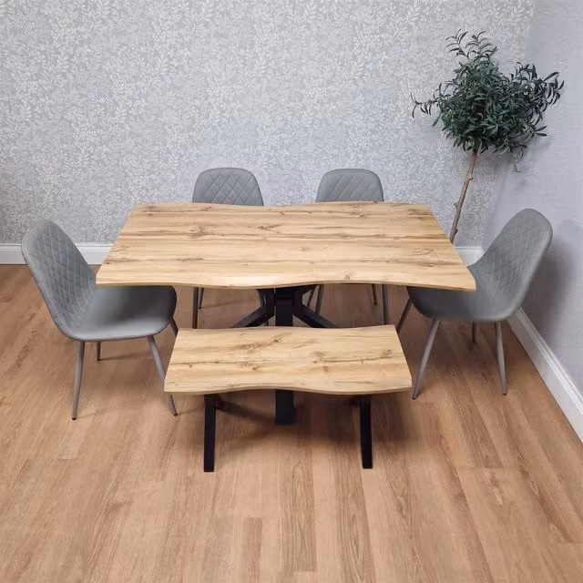 Kosy Koala Industrial Dining Set with Rectangular Brown Wood Table, 4 Grey Gem Pattern Faux Leather Chairs and Bench