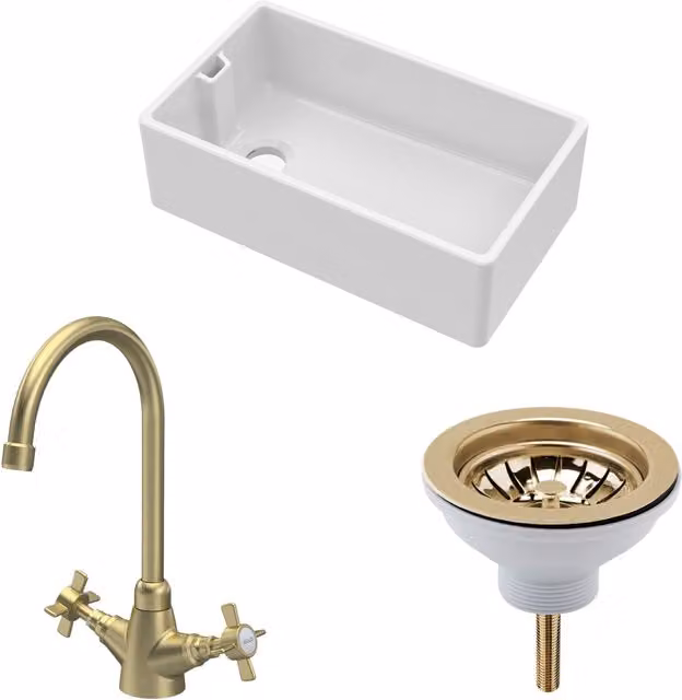 Balterley White Ceramic Single Bowl Belfast Kitchen Sink with Weir Overflow, Mono Crosshead Mixer Tap and Pop Up Waste in Brushed Brass, W: 795 mm – 1