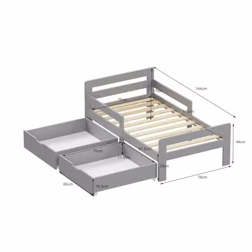 WestWood Solid Wood Montessori Toddler Bed Frame with Underbed Storage Drawer and Safety Rail, Grey or Natural, 90 x 190 cm – 2