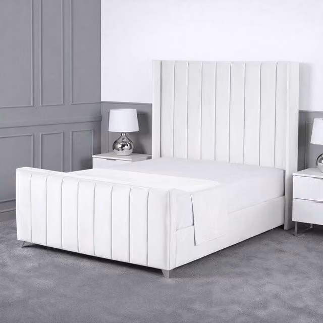 Living Comfort Bedz Imperial Winged Upholstered Velvet Bed with Slatted Base and 48 Inch Headboard in White, W/D/H: 120 x 200 cm
