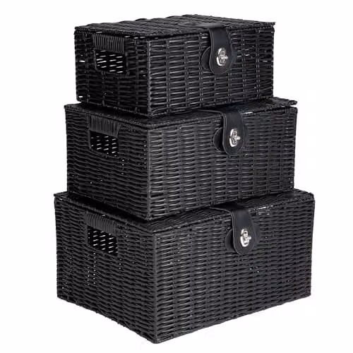 INNOTECK 3-Piece Black Resin Wicker Storage Basket Set with Lids and Handles – 1