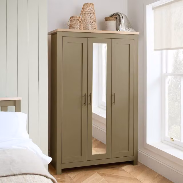 Birlea Classic 3 Door Wardrobe in Green Oak with Mirror and Hanging Rod