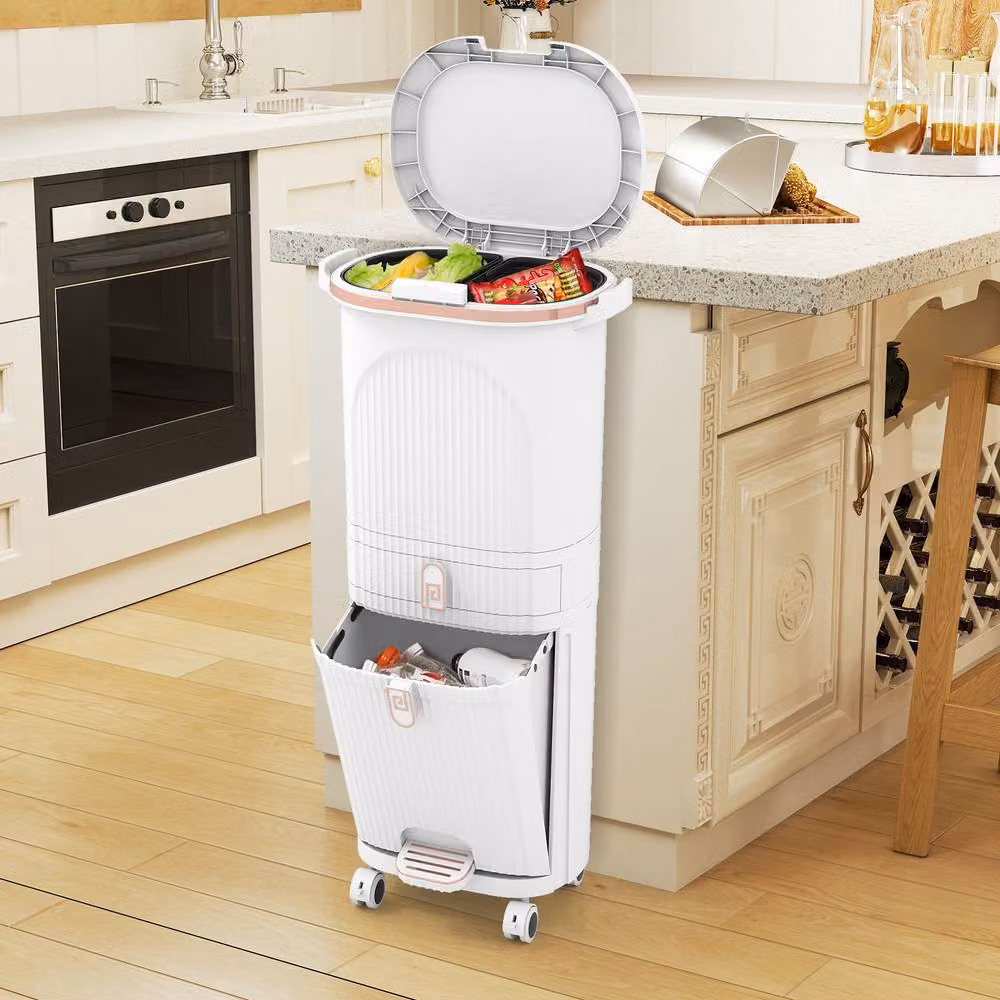 Gymax 42-litre White Kitchen Recycling Bin with 2 Detachable Buckets and Wheels – 2