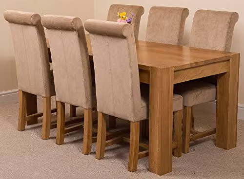 Oak Furniture King Kuba Solid Oak 6 Seater Dining Set with Washington Beige Upholstered Fabric Chairs, Natural Finish, W: 180 cm, D: 90 cm, H: 78 cm