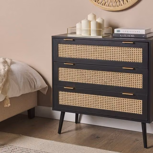 Wyld and Coco Black Rattan 3-Drawer Chest with Rubberwood Legs