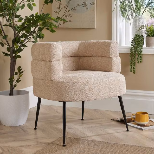 Home Source Barrel Boucle Accent Chair in Grey and Beige with Armrests