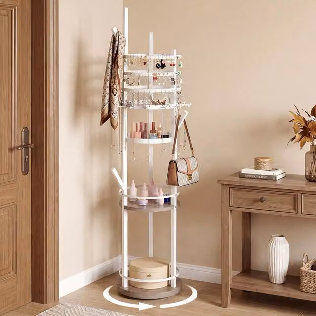 Costway Rotating Jewelry Display Tower with Earring and Necklace Holder in White and Multicolour – 1