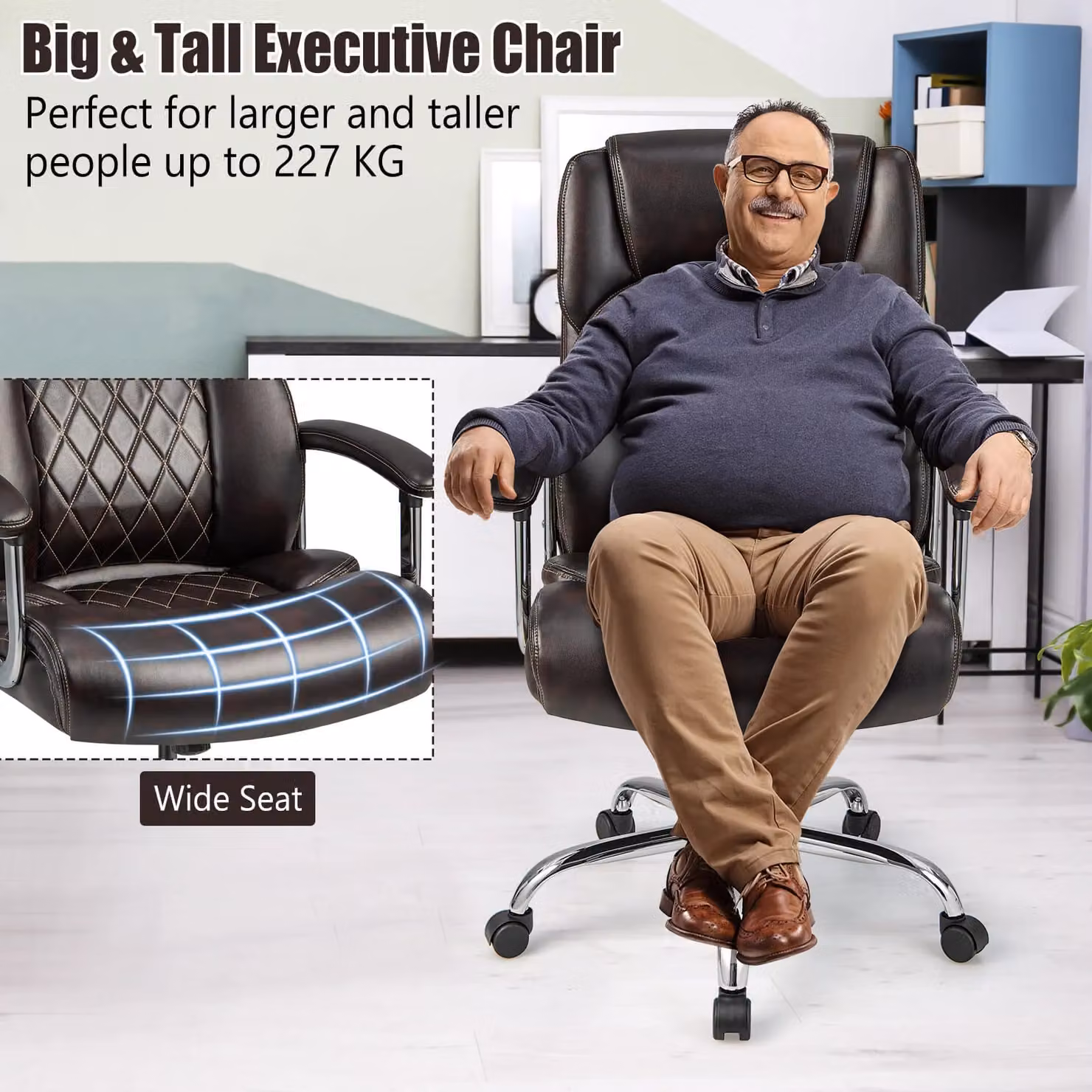 Costway Brown Leather Executive Office Chair with Headrest and Armrests, 227kg Capacity – 4