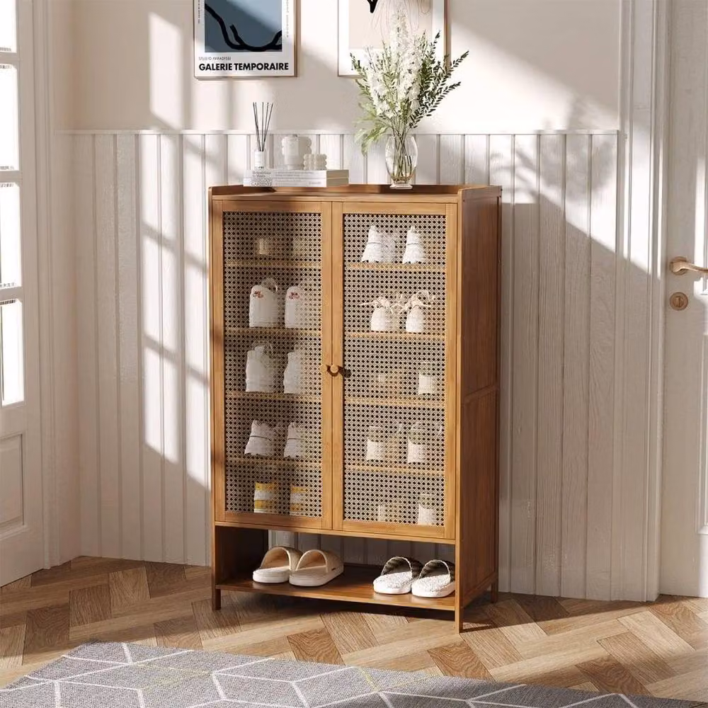 SPETLEK 7-Tier Rustic Brown Wooden Shoe Cabinet with Rattan Doors, H 95 cm x W 59 cm x D 32 cm – 3