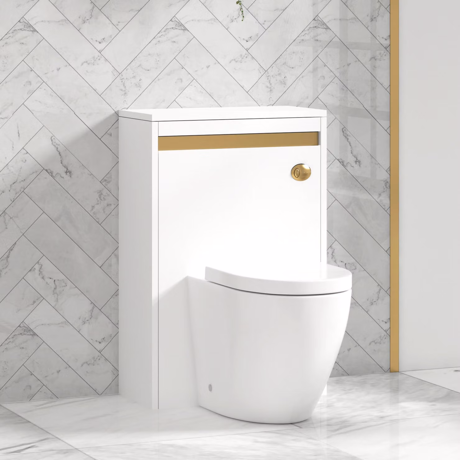 Royal Bathrooms Orion Matt White BTW WC Unit with Elva Rimless Ceramic Toilet Pan, Seat and Cistern with Brushed Brass Accent Trim