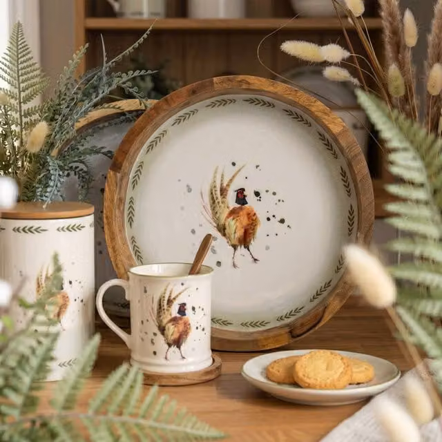 Madison & Mayfair Round Mango Wood Tray with Luxe Pheasant Enamel Design in White, Diameter: 29 cm