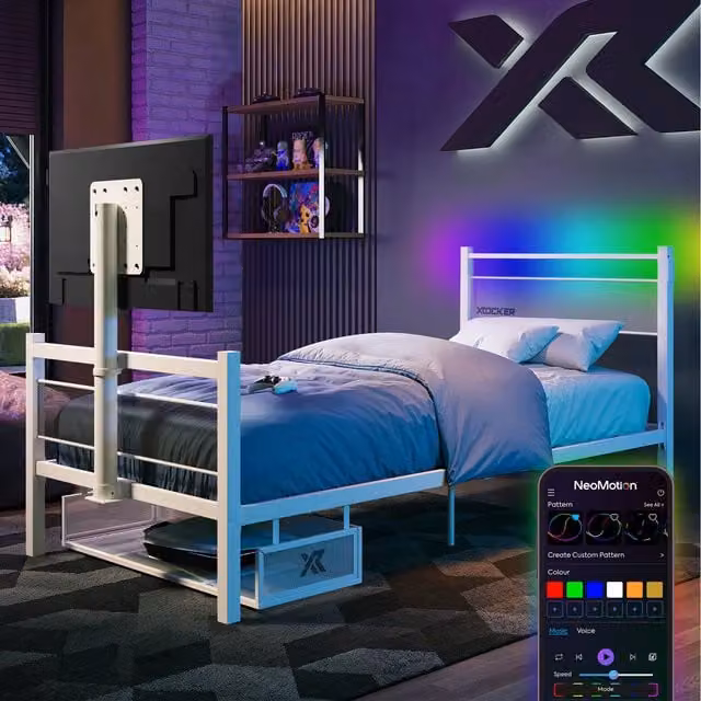 X Rocker Basecamp RGB Single Gaming TV Bed with App Controlled LED Lights, White, W: 90 cm, L: 200 cm