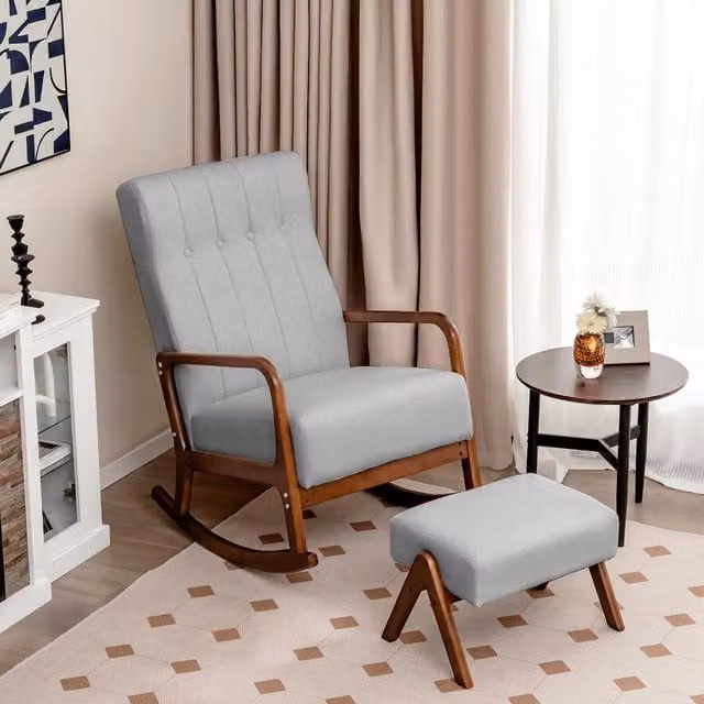 COSTWAY Grey Fabric Rocking Chair and Ottoman Set with Solid Rubberwood Frame