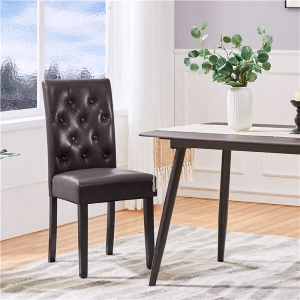 Kelvenix Set of 2 Brown Faux Leather Dining Chairs with Solid Rubberwood Legs – 2