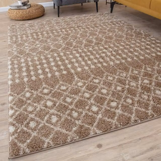 THE RUGS Moroccan Soft High Pile Shaggy Tribal Square Rug in Beige, W/D: 120 x 120 cm