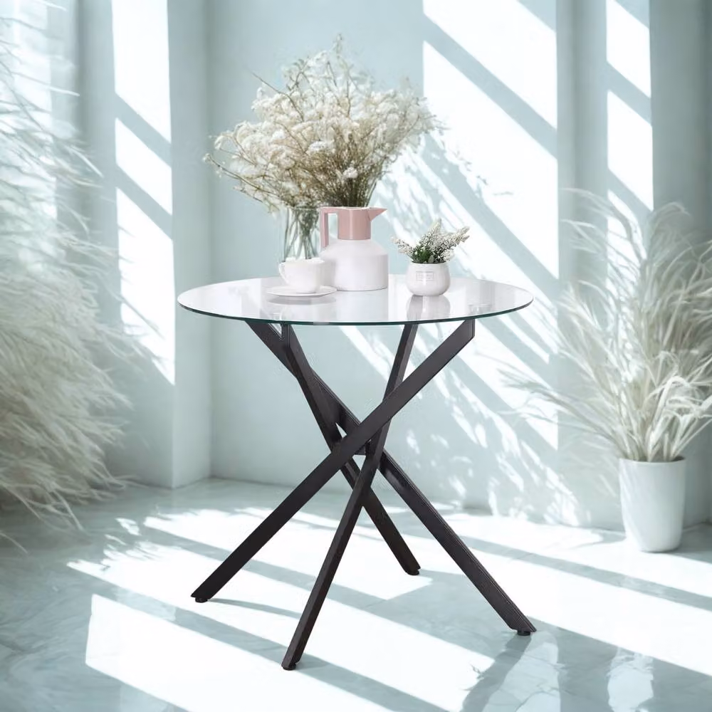FURNOS Industrial Round Tempered Glass Coffee Table with Black Metal Frame, Diameter: 80 cm, Height: 40 cm – 3
