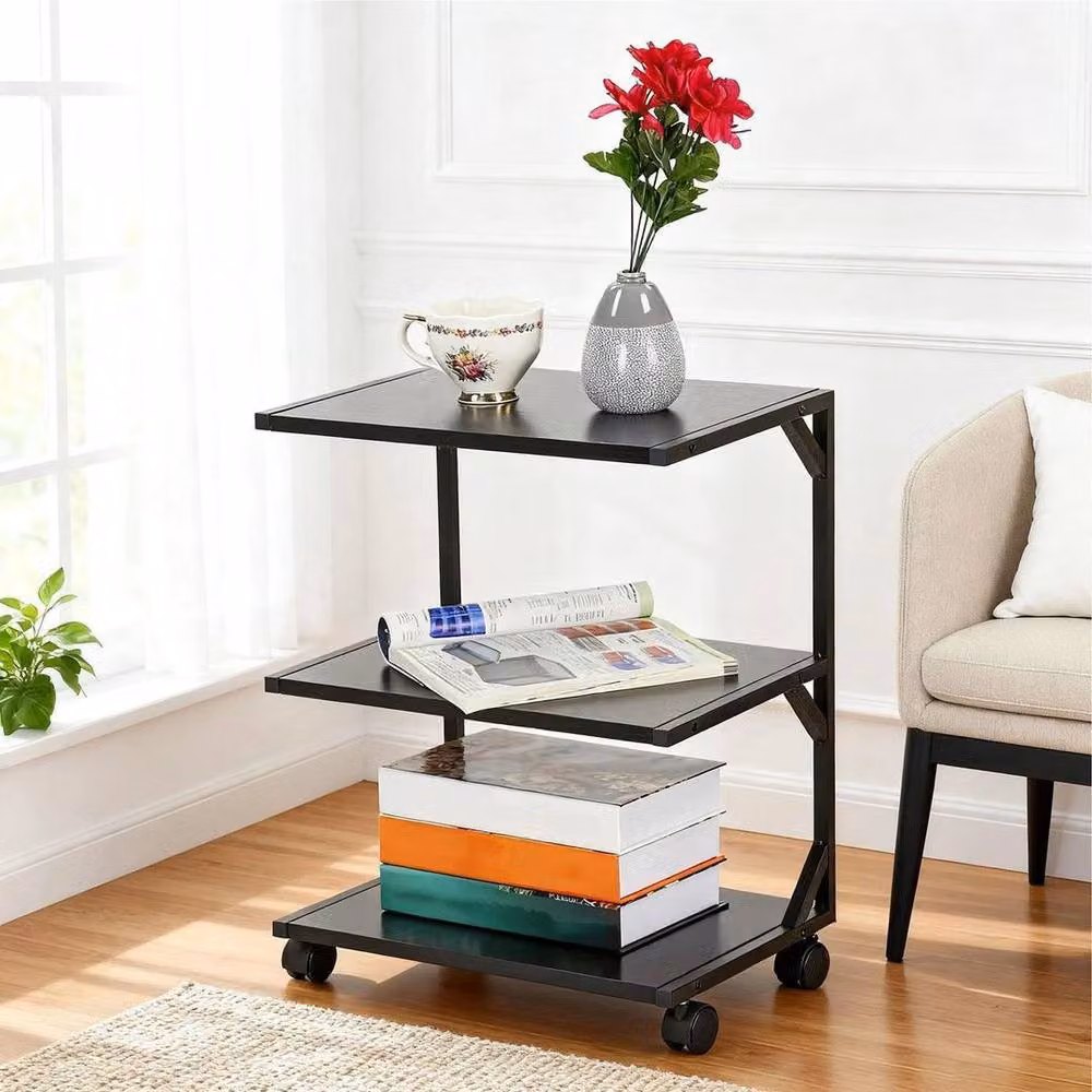 FLAVORA Modern 3-Tier Black Metal Rolling Side Table – 3
