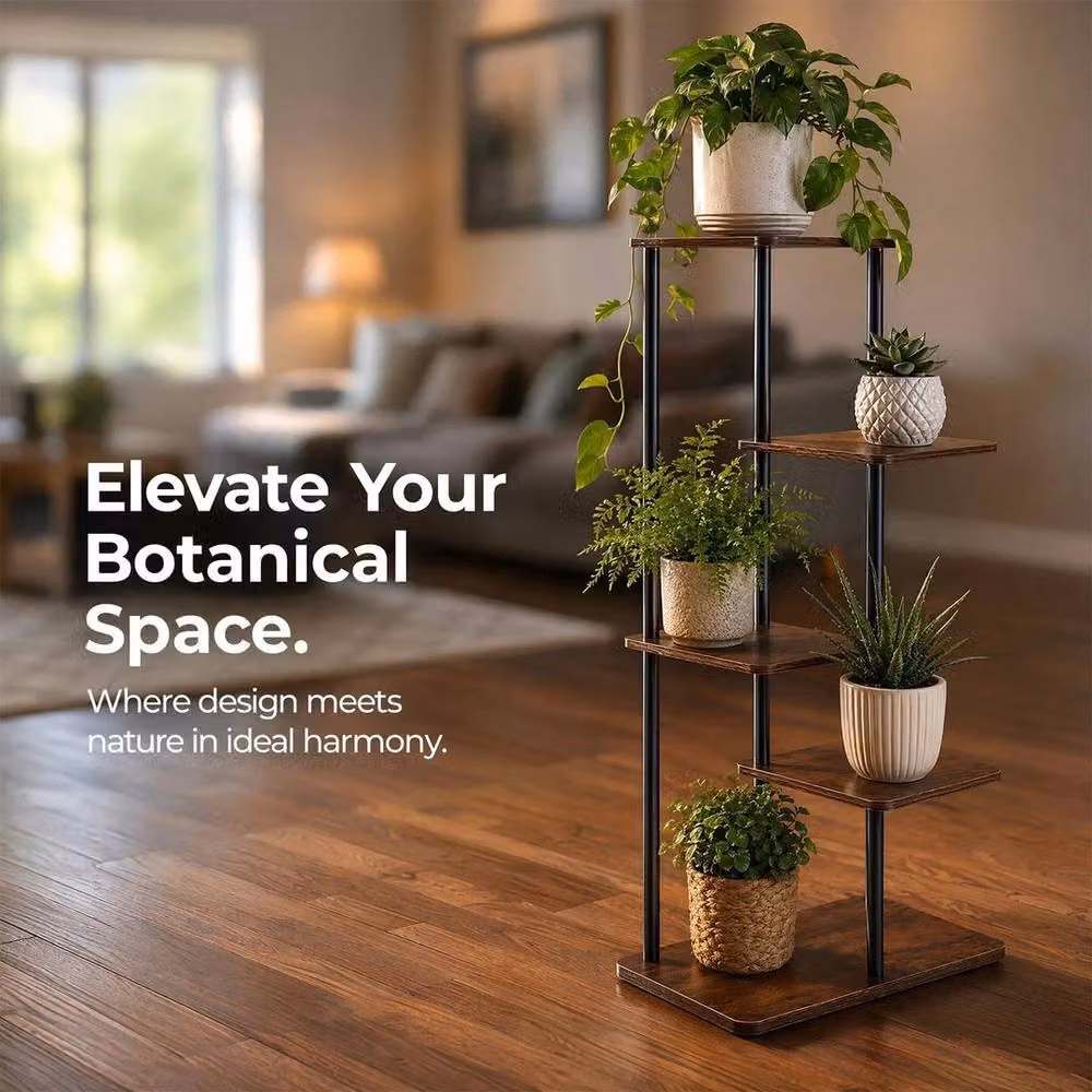 Kelvenix 5-Tier Industrial Wood and Metal Corner Plant Stand in Brown and Black – 4