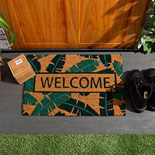 Nicola Spring Coir Door Mat with Banana Leaf Tropical Floral Design, Green and Multicolour, W: 60 cm, D: 40 cm – 2