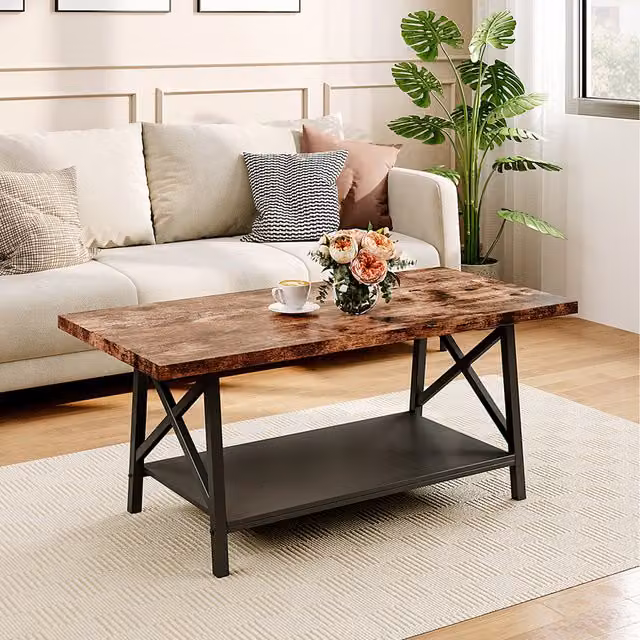Komore Industrial 2-Tier Rectangular Coffee Table with Storage Shelf in Brown and Black