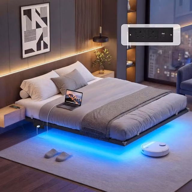 VASAGLE King Floating Bed Frame with LED Lighting and USB Charging Ports, Ink Black, 180 x 200 cm