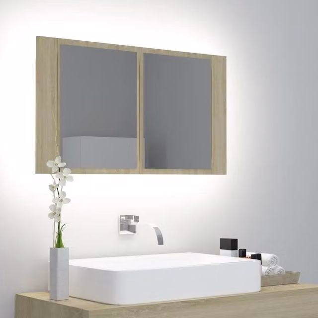 Berkfield Home LED Bathroom Mirror Cabinet in Sonoma Oak Brown, W/D/H: 80 x 12 x 45 cm