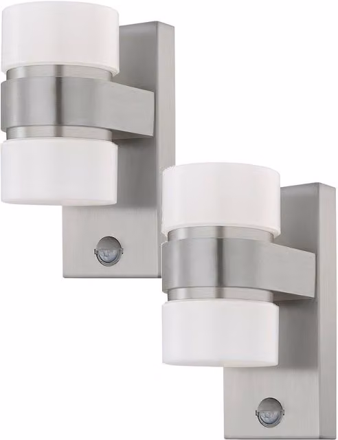 Loops 2 Pack IP44 Outdoor LED Wall Lights with PIR Motion Sensor in Silver Stainless Steel and Aluminium