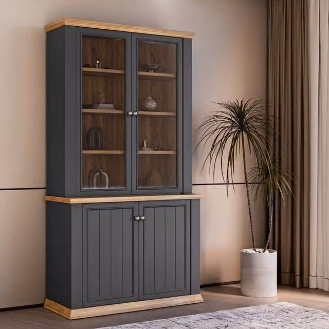 Furniture To Go Pontypool 4 Door Display Cabinet in Grey and Mauvella Oak with Glass Doors and Internal Shelves