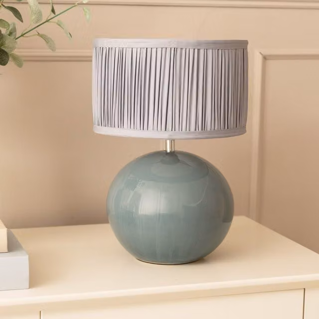 Bosco Eucalyptus Ceramic Table Lamp with Ruched Pleated Fabric Drum Shade in Blue, H 38 cm x W 25 cm x D 25 cm
