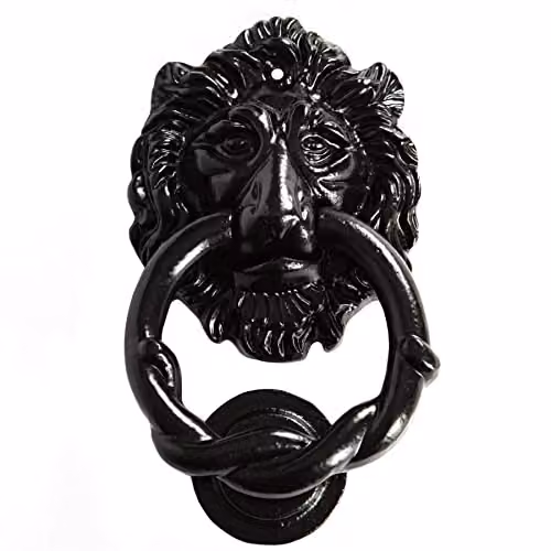 Hammer and Tongs Lion Head Door Knocker in Matt Black Iron, Height: 15.0 cm – 2