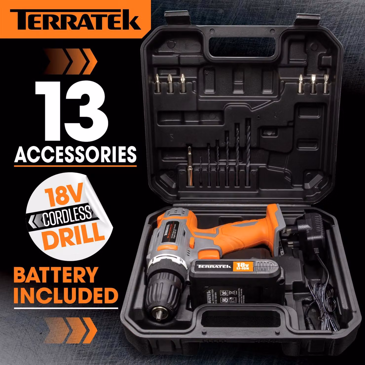 Terratek 18V Cordless Drill and Drill Bit Set with Rechargeable Battery, Charger and Case in Orange – 4