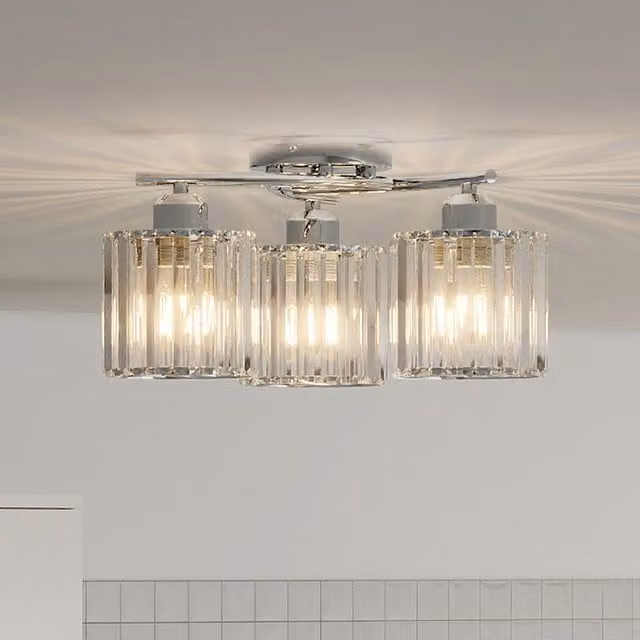 Emitto Modern Crystal Semi Flush Ceiling Light in Grey and Chrome with 3 x E27 Bulbs