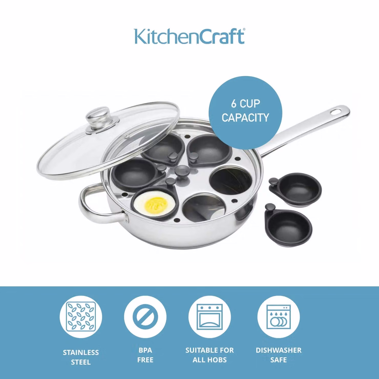 KitchenCraft Stainless Steel Six Hole Egg Poacher, Grey, 28 cm – 7