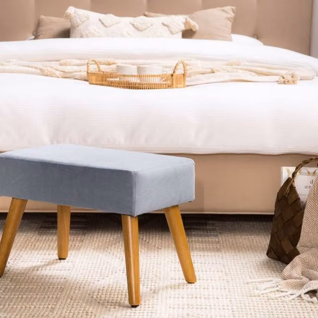 Wyld and Coco Grey Velvet Rectangular Footstool with Rubberwood Legs in Scandinavian Style – 1