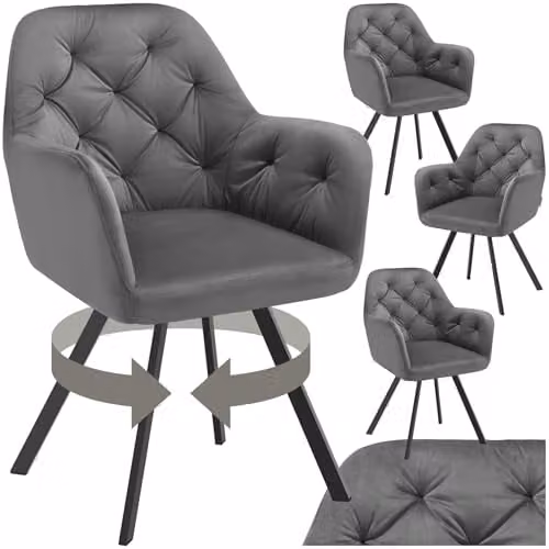tectake Set of 4 Anthracite Velvet Swivel Dining Chairs with Armrests and Geometric Pattern
