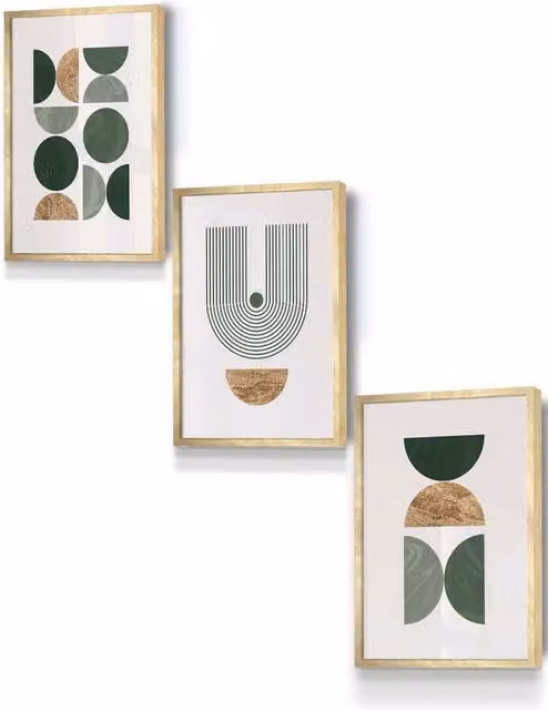 ARTZE Mid Century Geometric Abstract Framed Wall Art in Green and Gold, W: 33 cm, H: 45 cm, D: 0.2 cm