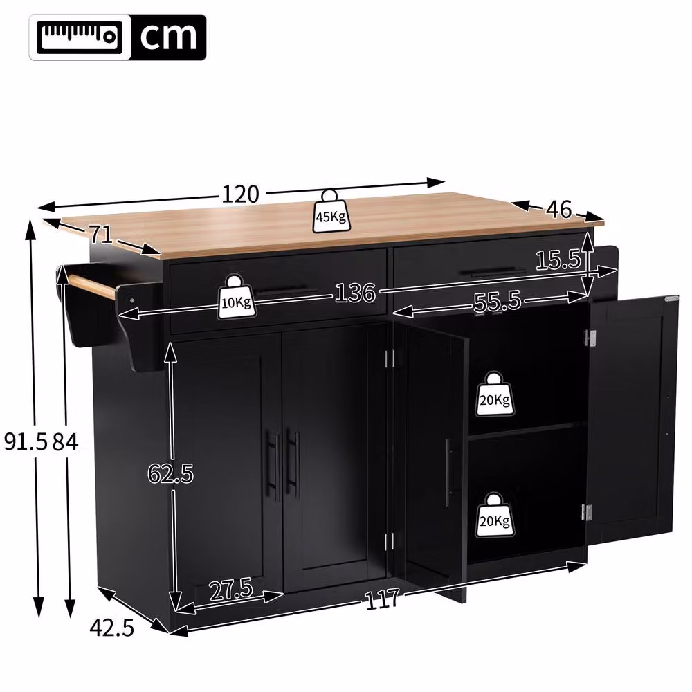BTM Black Wood Kitchen Island on Wheels with Drop Leaf Folding Table and Serving Cart Trolley – 7