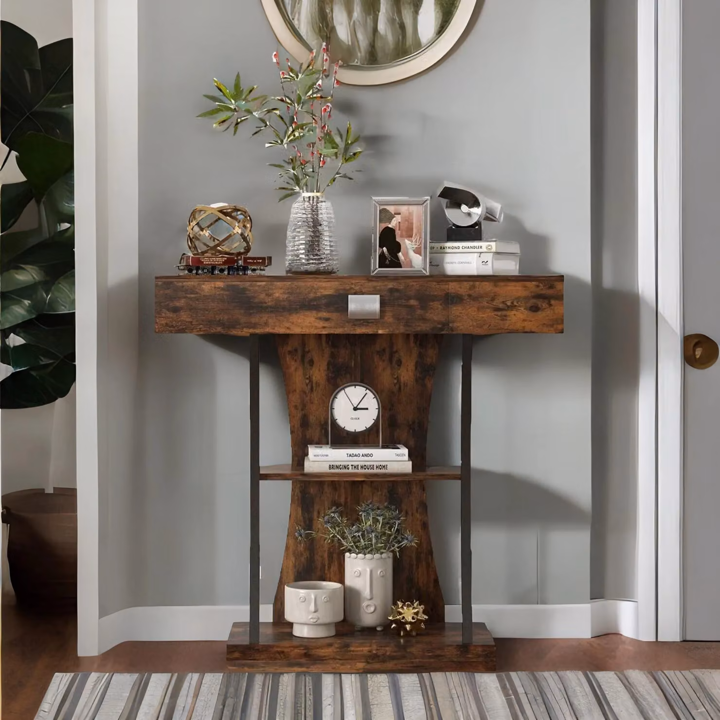 Rafaelo Mobilia Industrial T-Shaped Narrow Console Table with Drawer, Dark Brown – 2