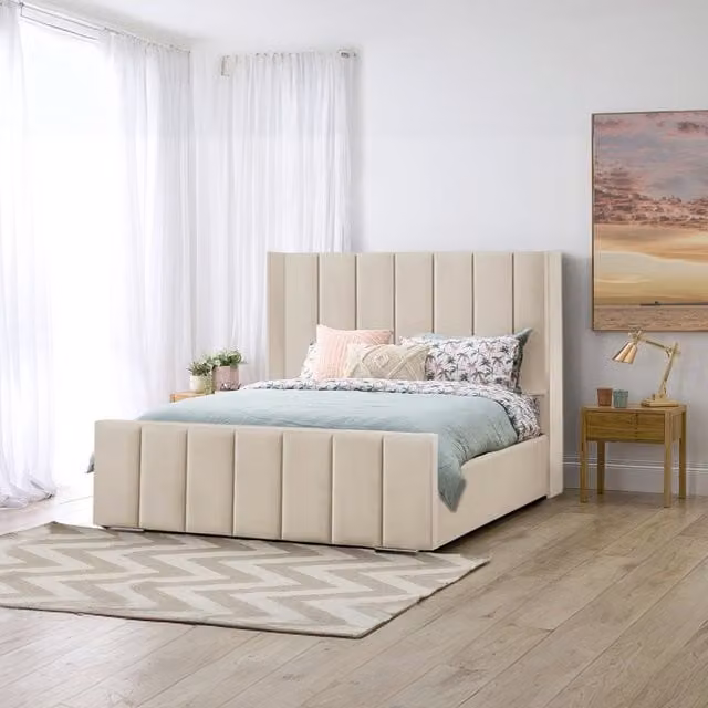 Desire Deco Danica Upholstered Bed Frame in Yellow and Beige, W/D/H: 140 x 200 cm