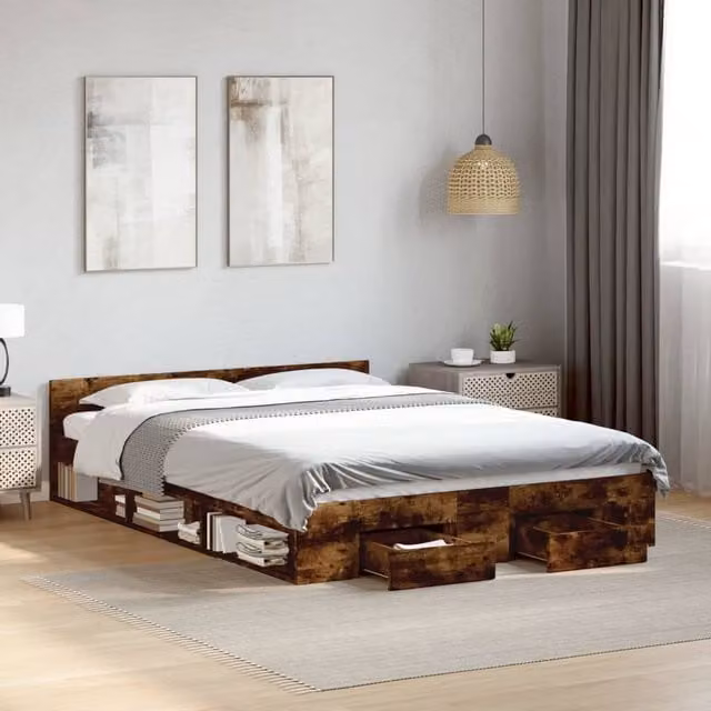 Berkfield Home Small Double Bed Frame with Drawers in Smoked Oak Brown, W/D/H: 120 x 200 cm – 1